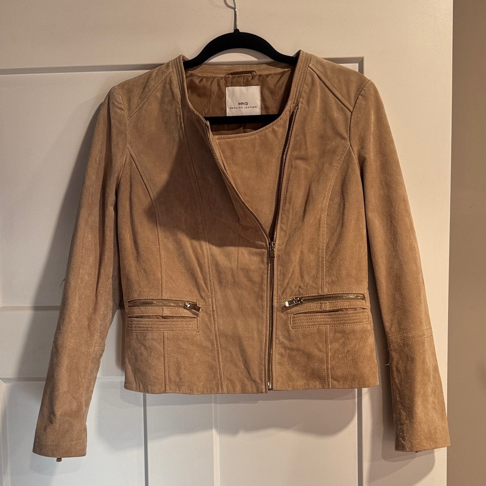 Mango Women's Tan Leather Jacket with Zipper Accents